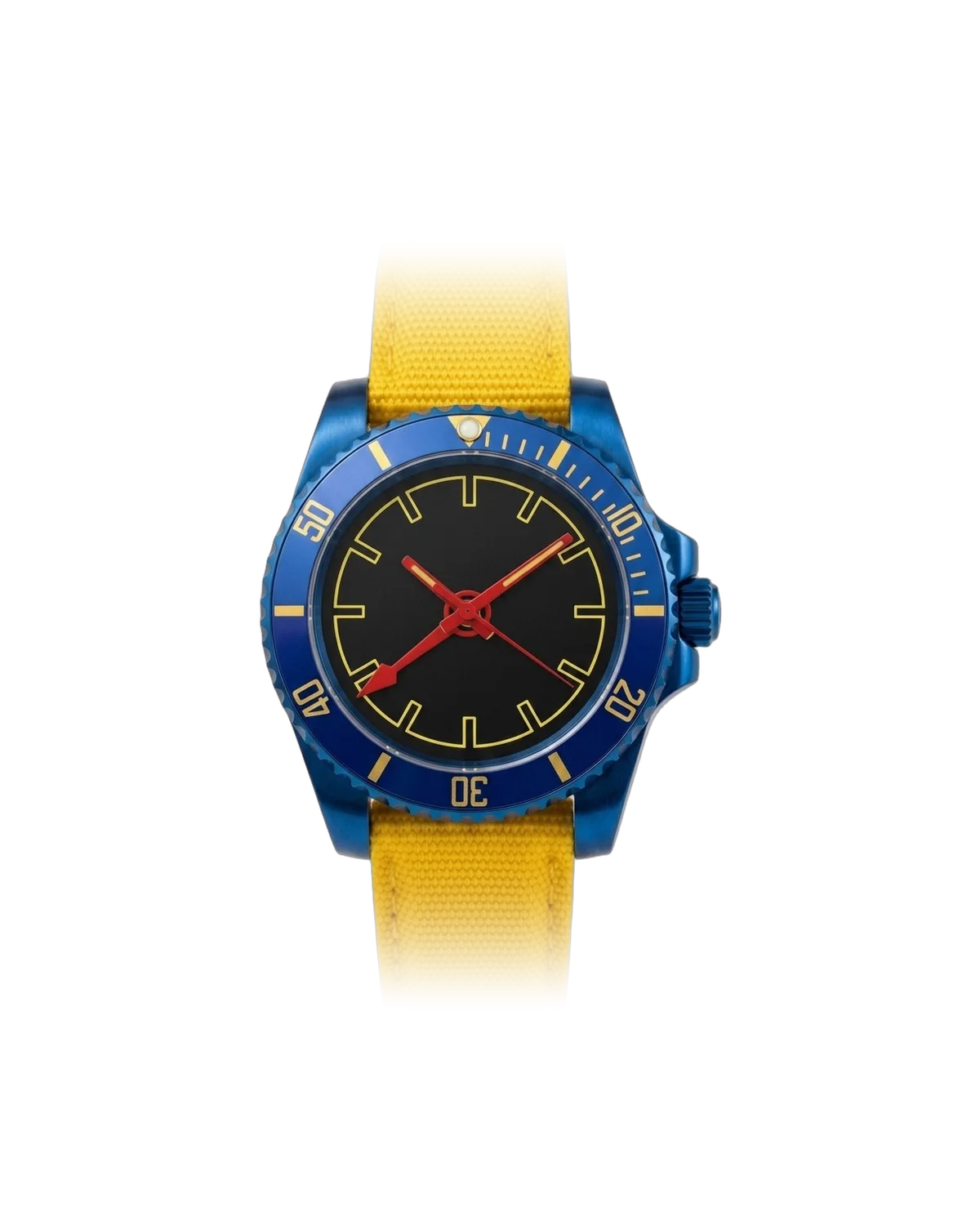 X — cobalt case, black dial, yellow markers and red hands on a yellow canvas strap