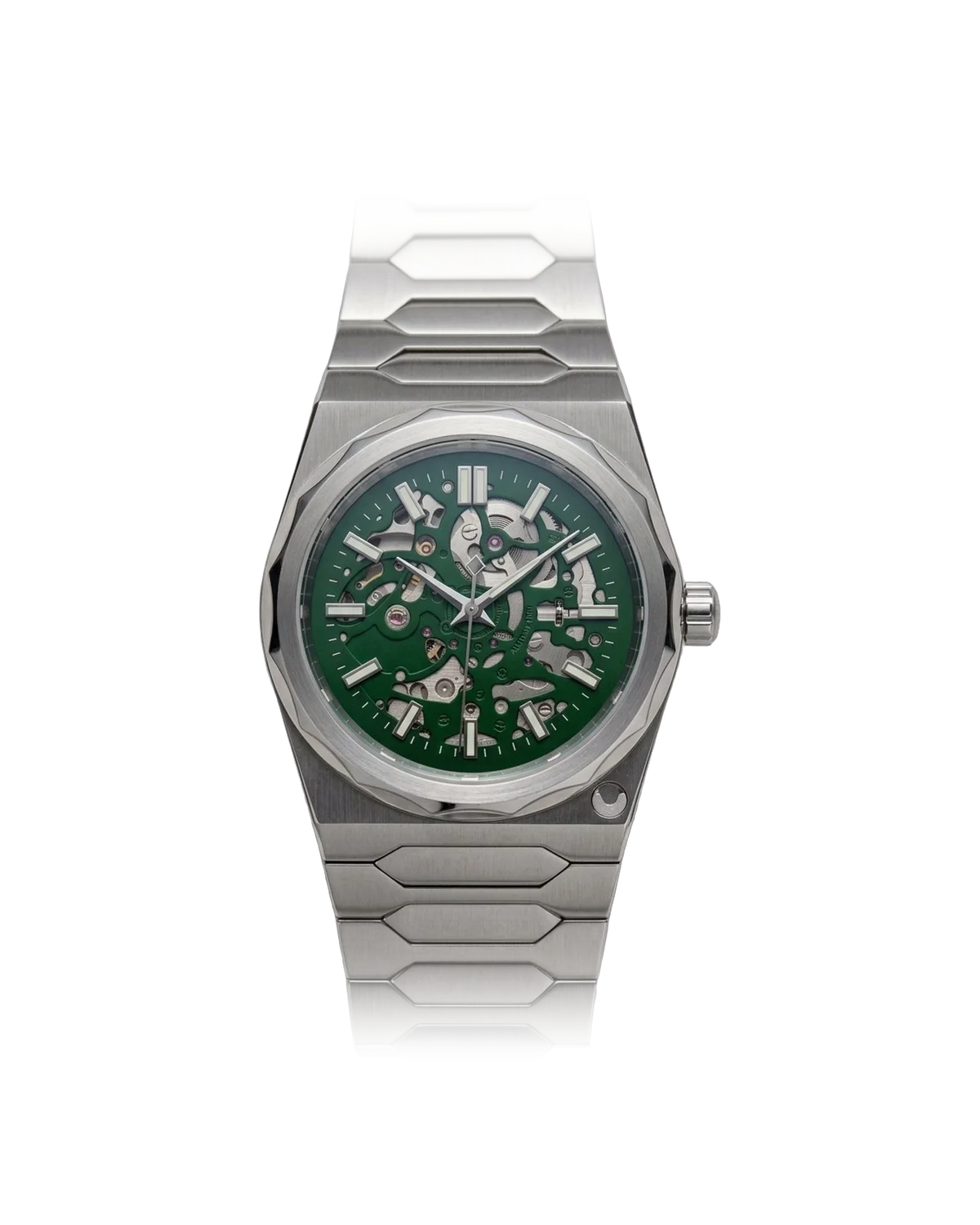 Doom — integrated steel case and bracelet with a green skeleton dial