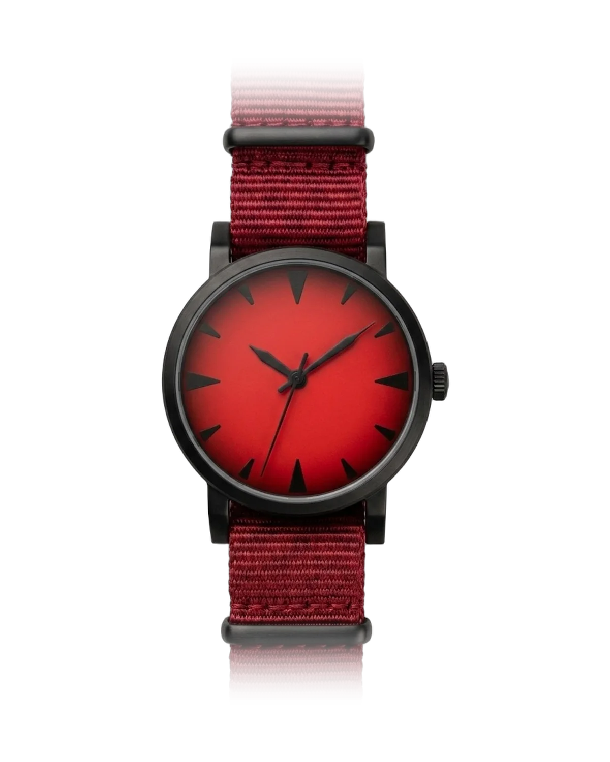 Krypton — black case, graduated red dial on an oxblood nylon strap
