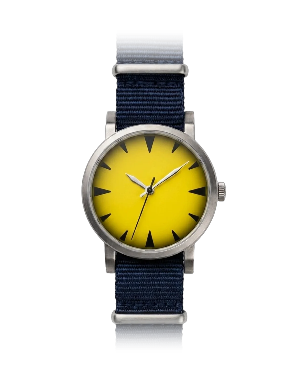 Adamantium — brushed steel case, graduated yellow dial on a navy webbing strap